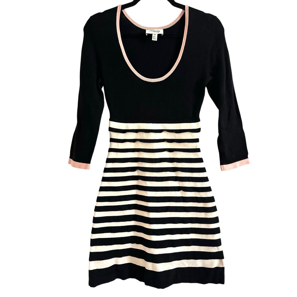 TEMPERLEY LONDON Knit Striped Black White Pink Dress Preppy Pleated Twee - Sz 4